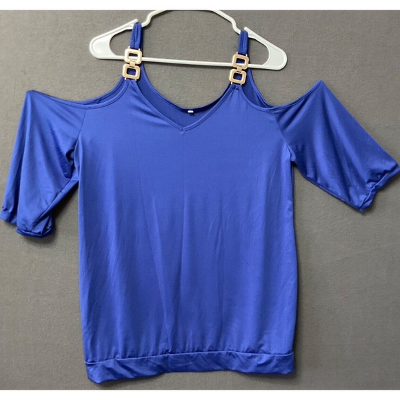 Royal Blue Cold Shoulder Top Size 1XL Stylish Gold Buckle Straps Casual - Picture 1 of 6